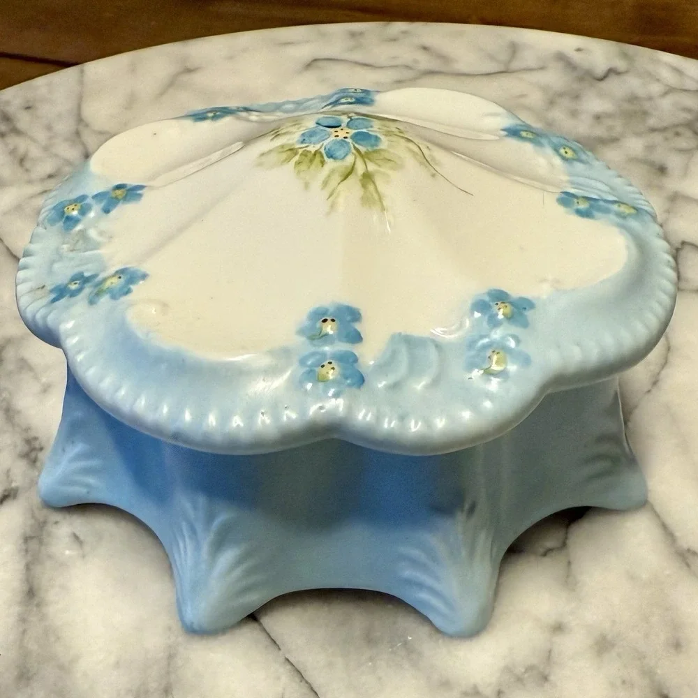 VTG Antique Trinket Dish Powder Jar Box Porcelain Hand Painted Blue Flowers Lid